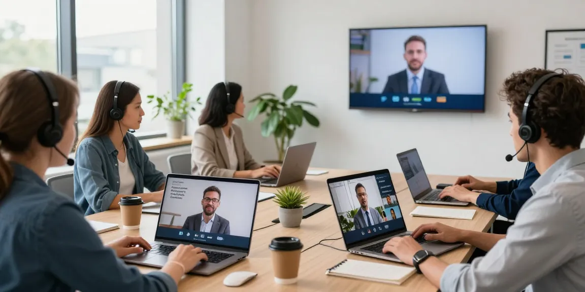 Professionelle Konferenz mit Untertitel-Übersetzer-Technologie für mehrsprachige Kommunikation in einem modernen Büro.