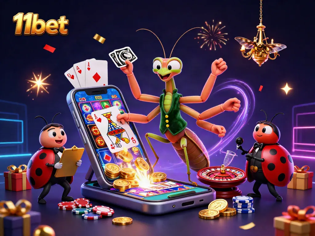 Engage in thrilling gaming at 11bet with vibrant slots, casino games, and celebratory elements all around