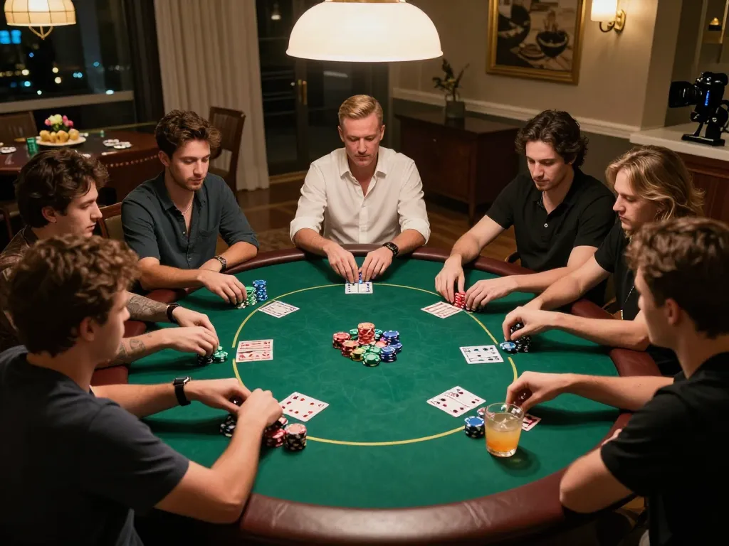 Players enjoying a lively poker game at home, showcasing go99com strategies and social atmosphere.