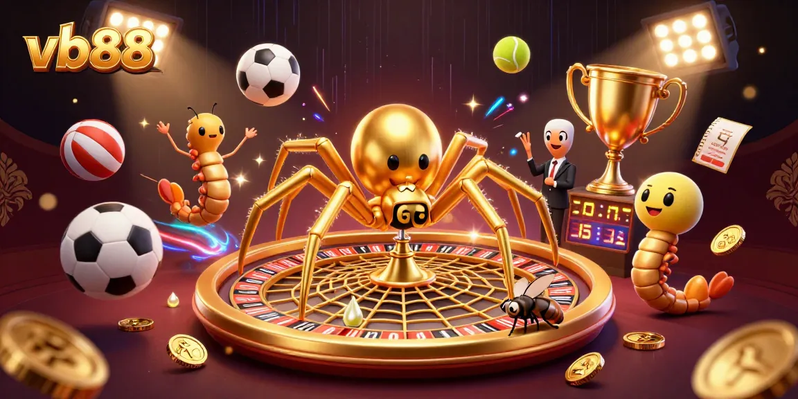 Experience thrilling bets at vb88 with a golden spider and centipede croupier in a dynamic casino scene.