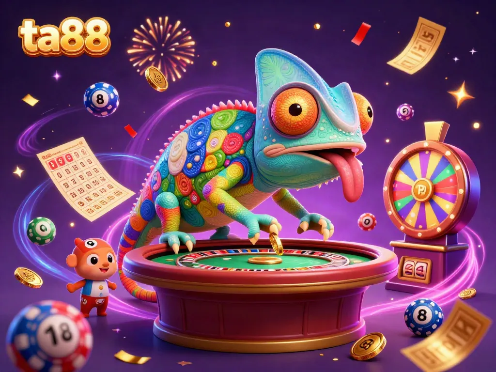 Participate in thrilling games at ta88 featuring a dynamic chameleon casino owner amid floating lottery balls.