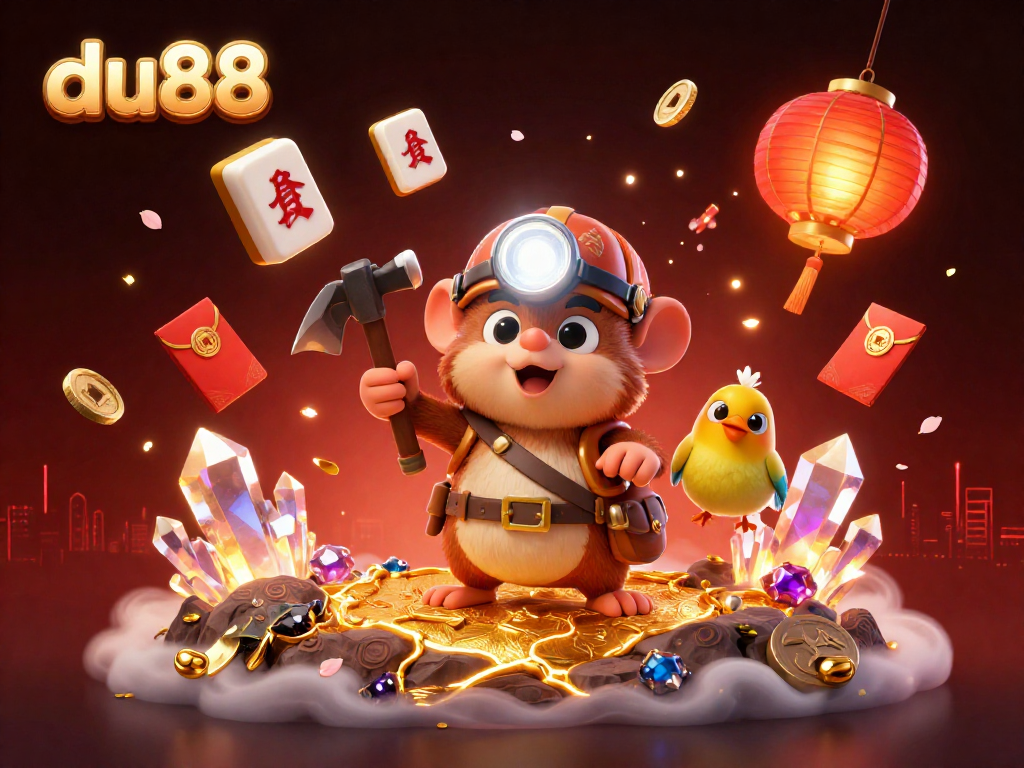 Experience du88's vibrant atmosphere with a treasure hunter mole amid golden gems and festive elements.