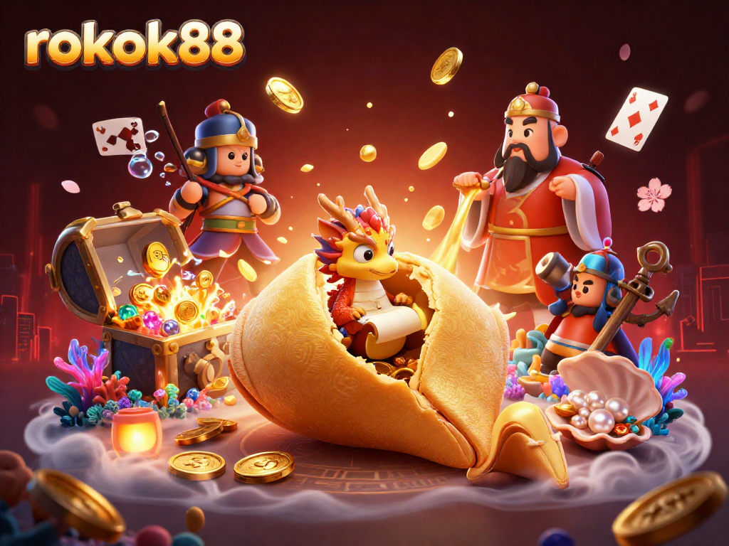 Experience the excitement of rokok88 with a giant fortune cookie scene packed with casino elements.