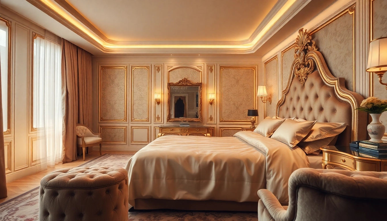 Experience Luxury in a plush, elegantly designed bedroom featuring silk sheets and ambient lighting.