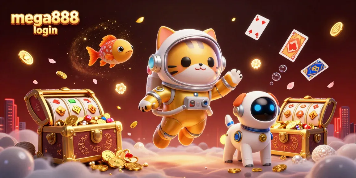 Engage with mega888 login through an exciting cosmic adventure in this vibrant casino-themed scene.