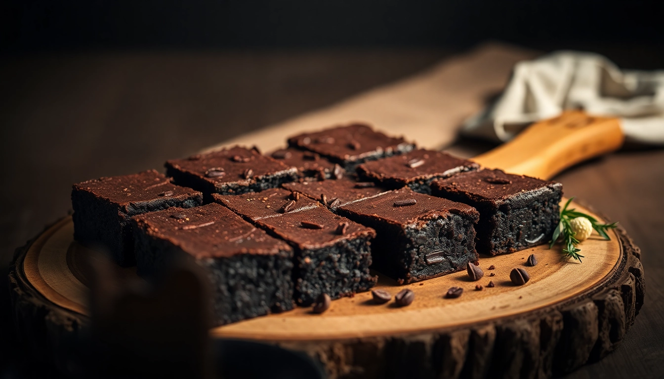 Serviere leckere hash brownies mit einer schokoladigen, saftigen Textur und Kräuteranreicherung.
