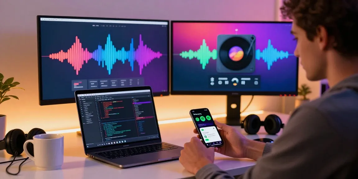 Tech enthusiast enjoying Spotify mod app on smartphone in a modern workspace