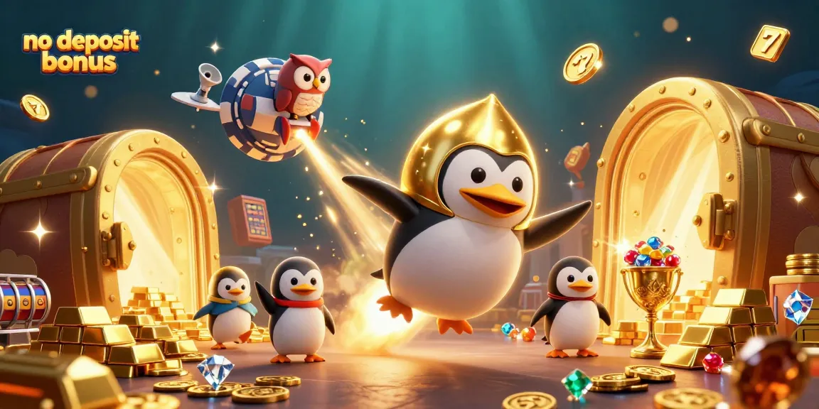 Experience thrilling no deposit bonus offers while a penguin blasts through space toward a poker chip station.