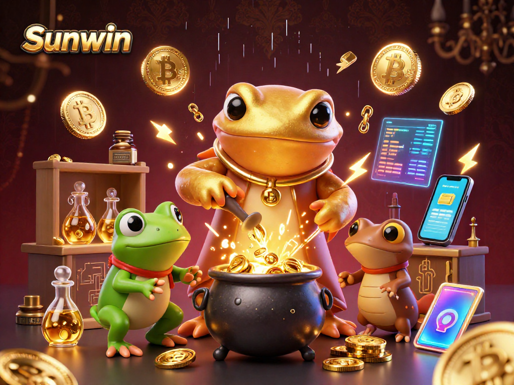 Sunwin's dynamic scene of gold transmutation featuring Bitcoin and Ethereum coins amidst a bubbling alchemy process.