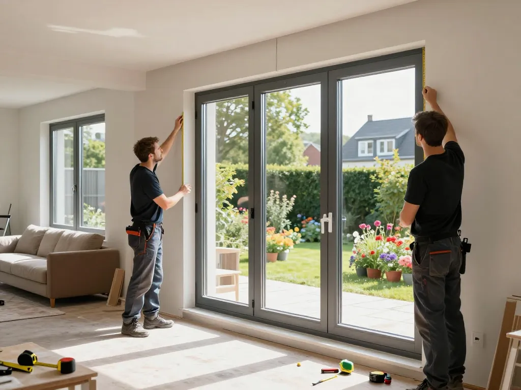 Fachkundige Handwerker führen die Fensterbau Köln Fenstermontage in einem hellen Wohnumfeld durch.