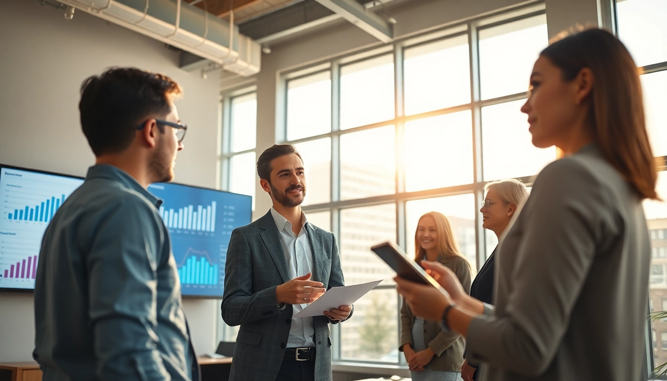 Online Marketing Beratung in einem modernen Büro mit interaktiven Displays.