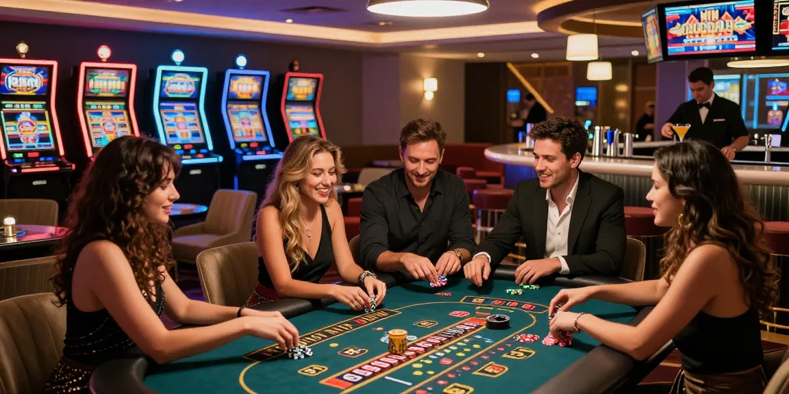 Exciting casino scene with friends playing rokok88 rtp at a roulette table, vibrant and engaging atmosphere.