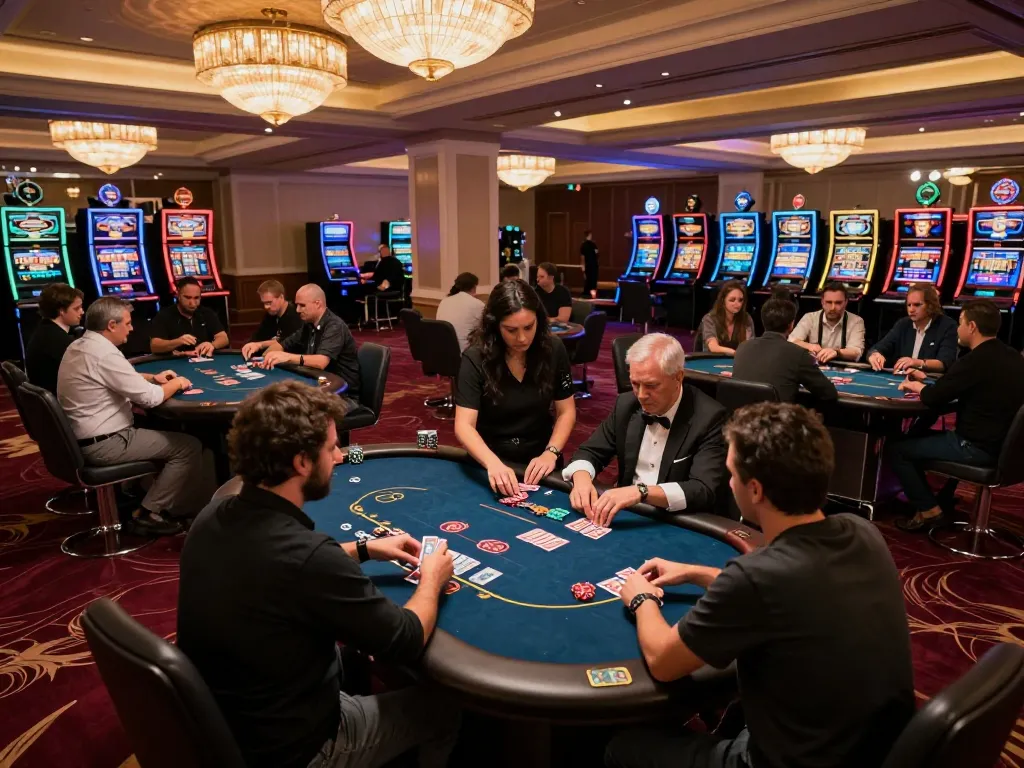 Man 88 players strategizing at high-stakes poker tables in a luxurious casino environment