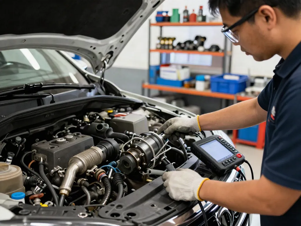 Mechaniker untersucht die DPF-Regeneration in einer Werkstatt mit Werkzeugen und einem Fahrzeug.