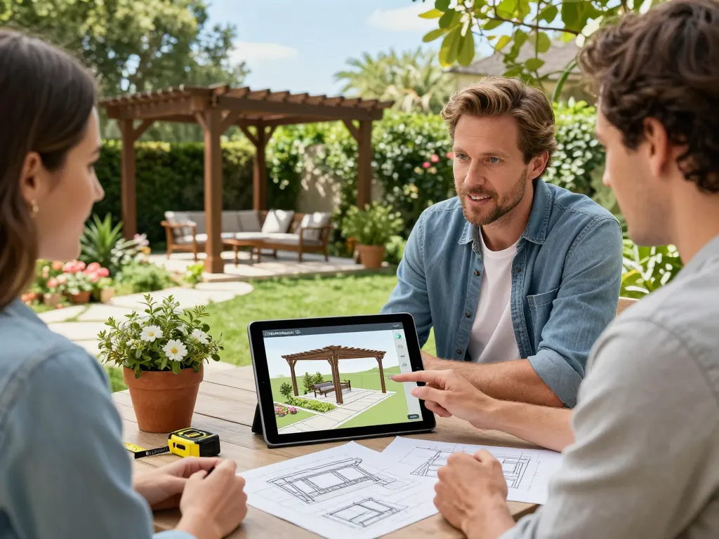 Pergola Konfigurator 3D Software, die ein individuelles Pergoladesign in einem sonnigen Garten mit einem Landschaftsarchitekten und Hausbesitzern visualisiert.
