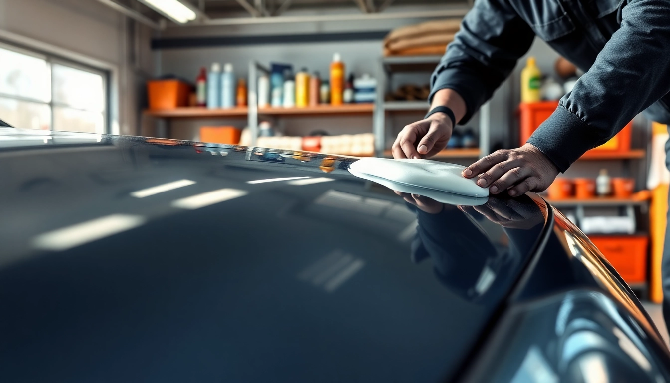 Fahrzeugaufbereitung: Polished car in a bright garage highlighting meticulous detailing process.