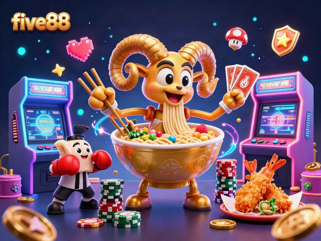Experience thrilling action with five88's vibrant games featuring a cartoon ramen bowl dealer surrounded by casino elements.