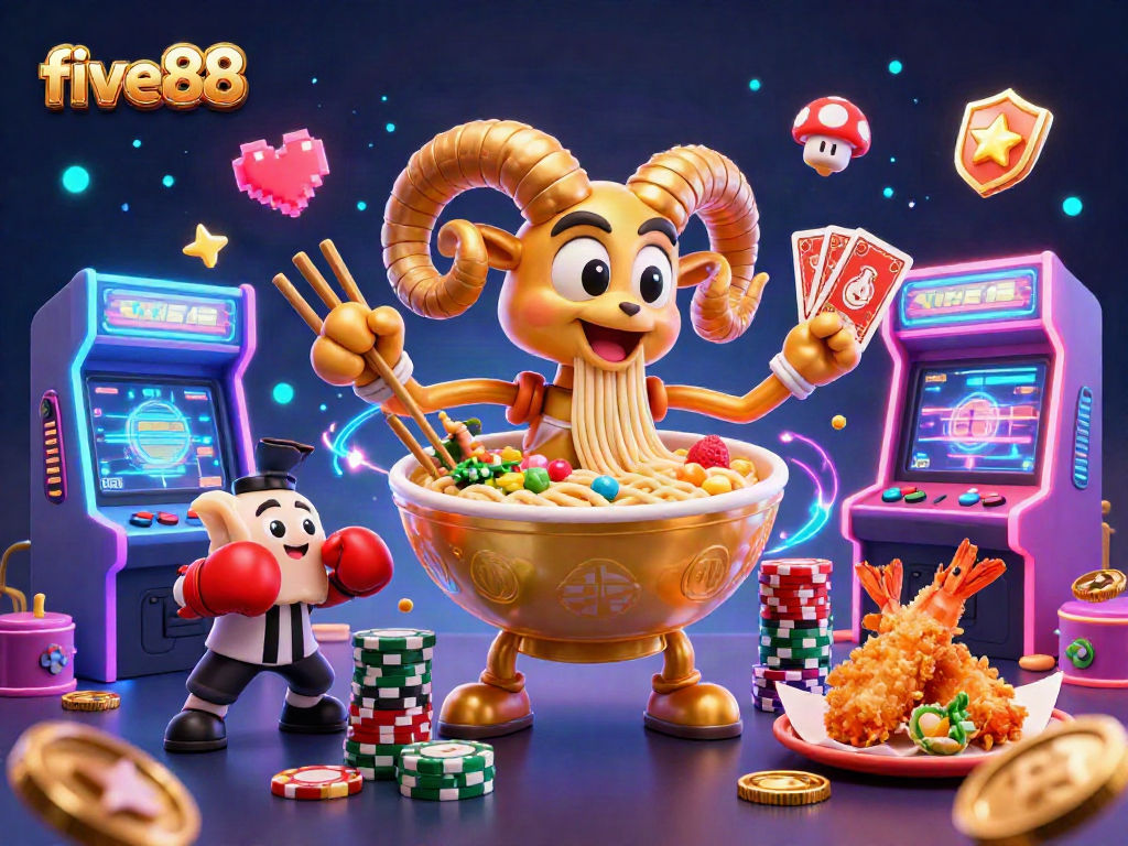 Experience thrilling action with five88's vibrant games featuring a cartoon ramen bowl dealer surrounded by casino elements.
