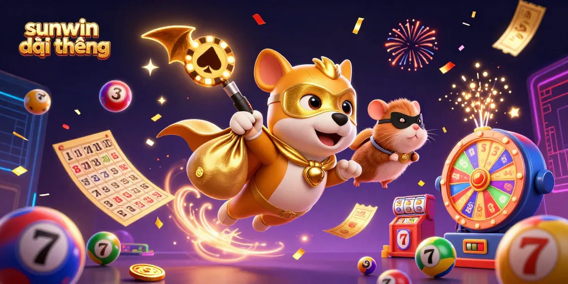 Experience the thrill of sunwin đổi thưởng as a superhero dog soars with riches amidst vibrant lottery and gaming elements.