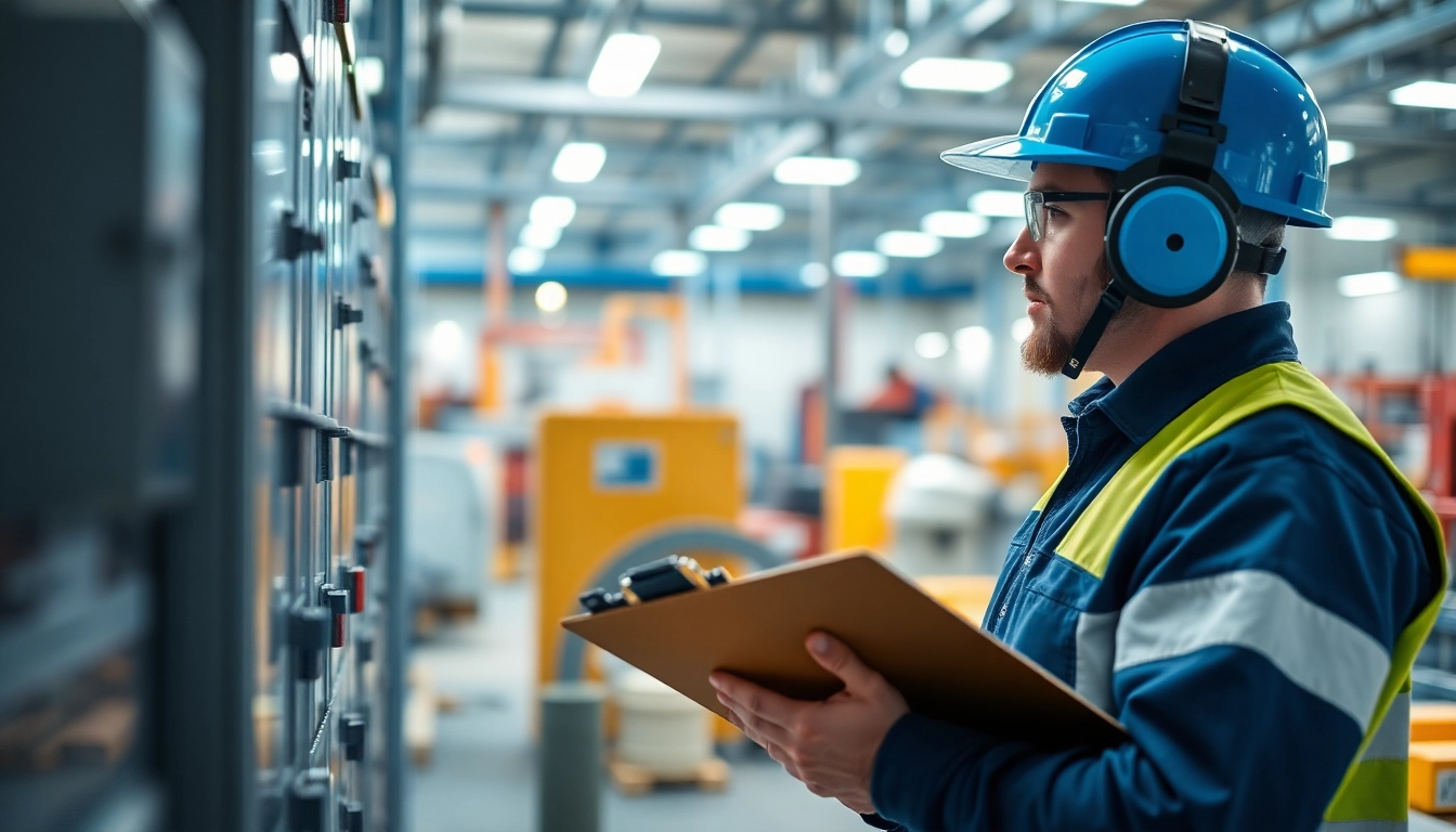 Technician conducting DGUV V3 Prüfung with safety gear in an industrial workshop