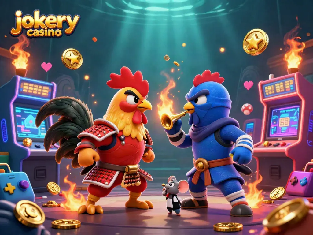 Engage in thrilling games at jokery casino with cartoon roosters in battle amid colorful gaming elements.