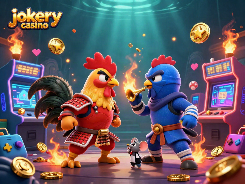 Engage in thrilling games at jokery casino with cartoon roosters in battle amid colorful gaming elements.
