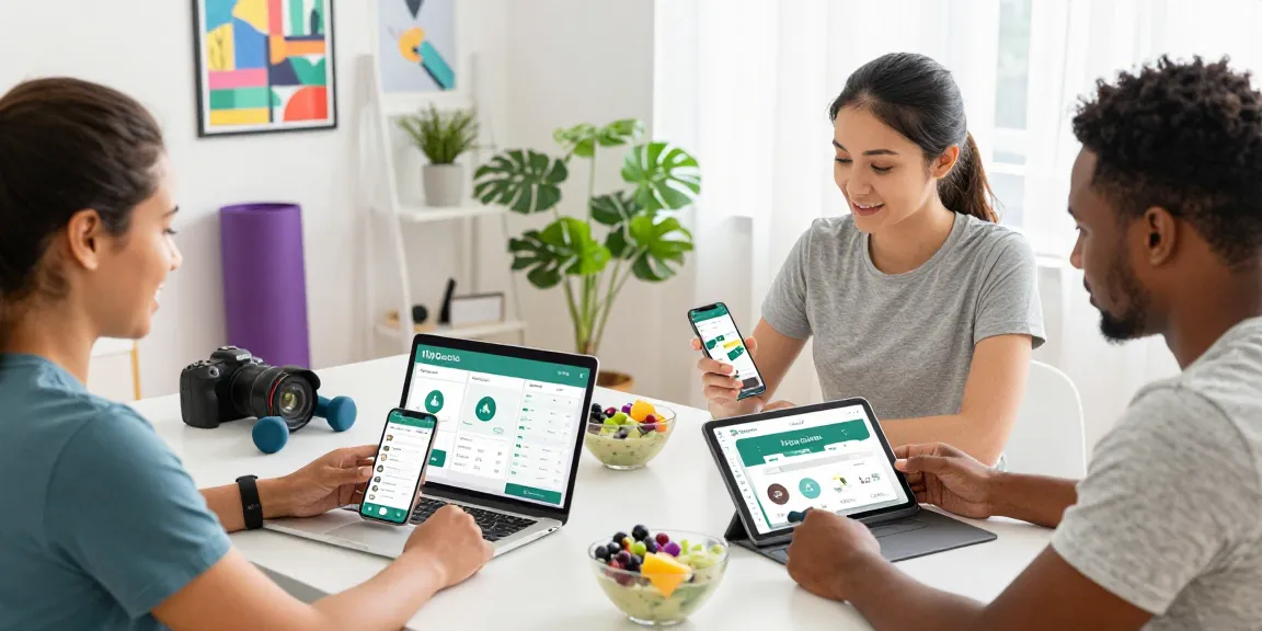 Personen, die ihre Gesundheit mit der MyQuests-App in einem lebhaften Home Office verwalten.