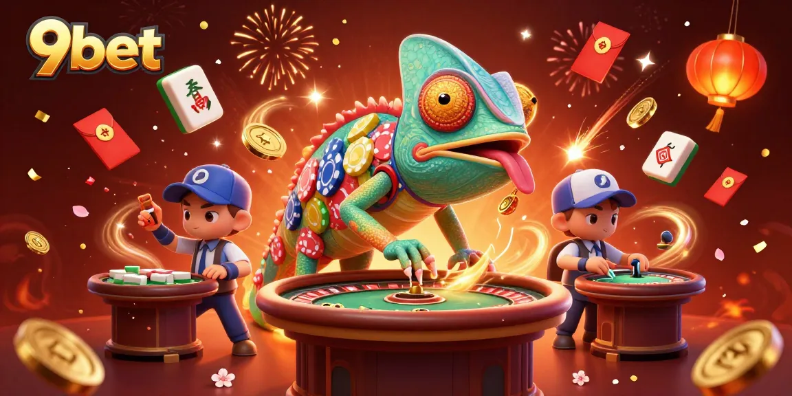 Engage with 9bet's vibrant casino atmosphere showcasing a colorful chameleon owner.