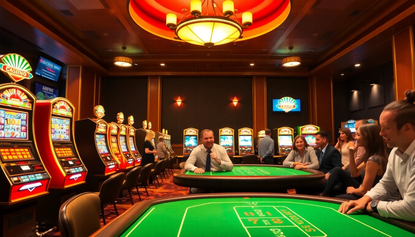 Exciting atmosphere at an online casino Österreich featuring vibrant slots and cheerful players.
