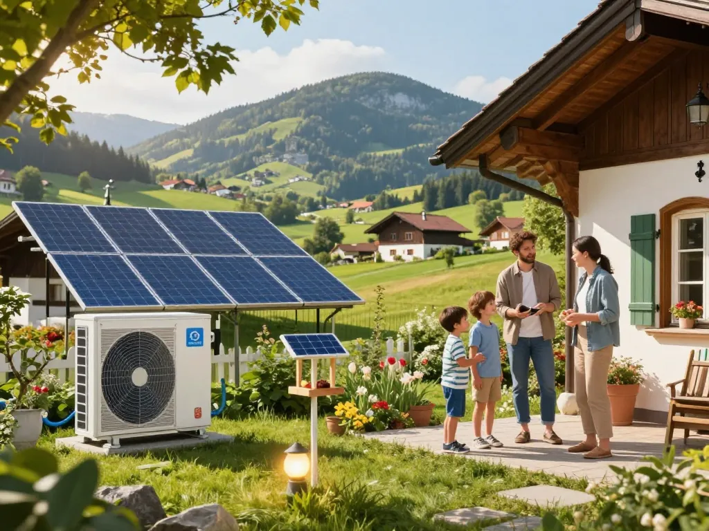 Engagierte Familie diskutiert Lösungen für Photovoltaik Bayern in einer malerischen Landschaft mit Solarpaneelen, die nachhaltiges Leben fördert.