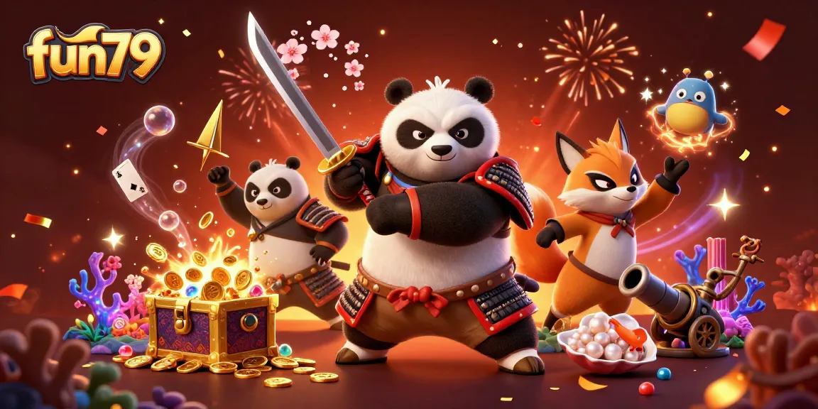 Experience excitement at fun79 with a dynamic casino scene featuring samurai panda and ninja fox.