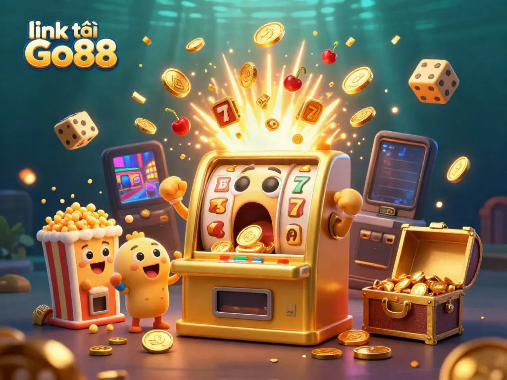 Experience the excitement with link tải Go88 as cartoon slot machines celebrate a jackpot explosion!