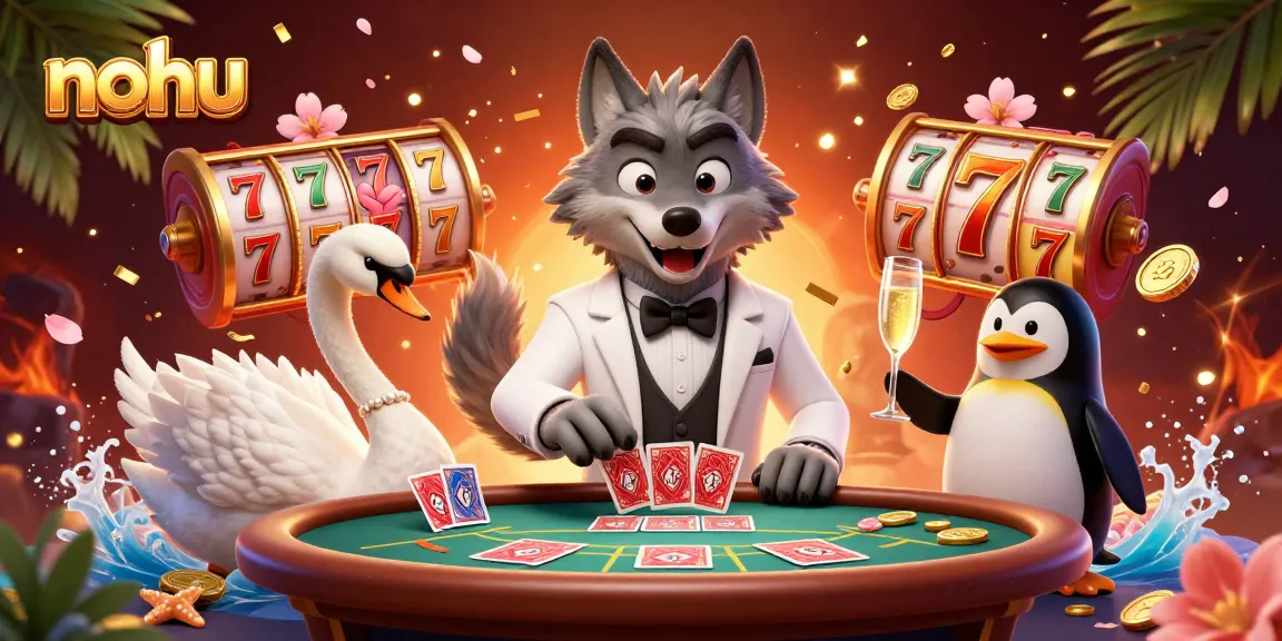 Nohu showcases a debonair wolf and elegant swan at a baccarat table in a vibrant casino scene.