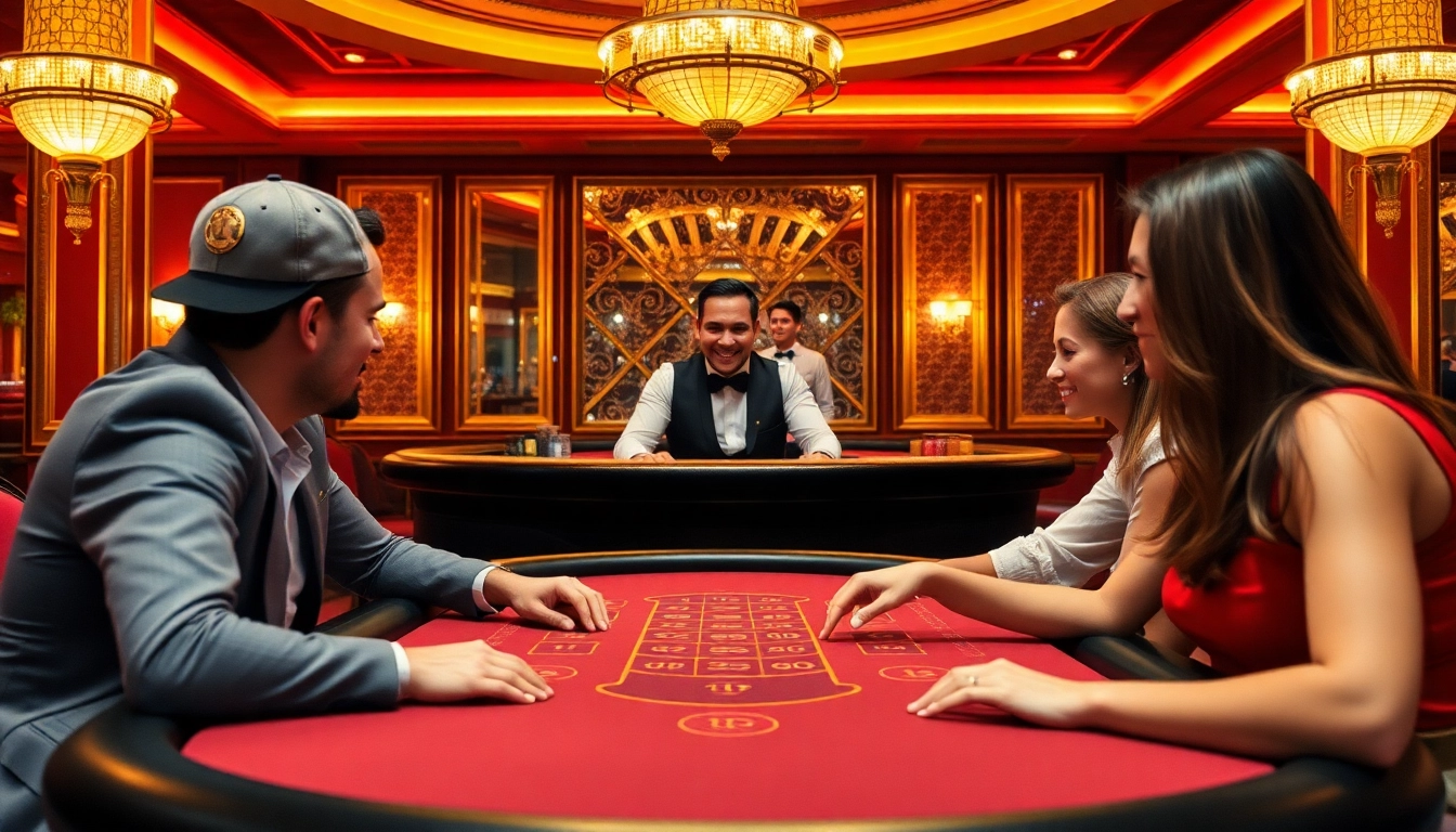 Engagieren Sie sich in aufregenden Casino online Spielen, wo Spieler an einem eleganten Tisch ihr Glück versuchen.