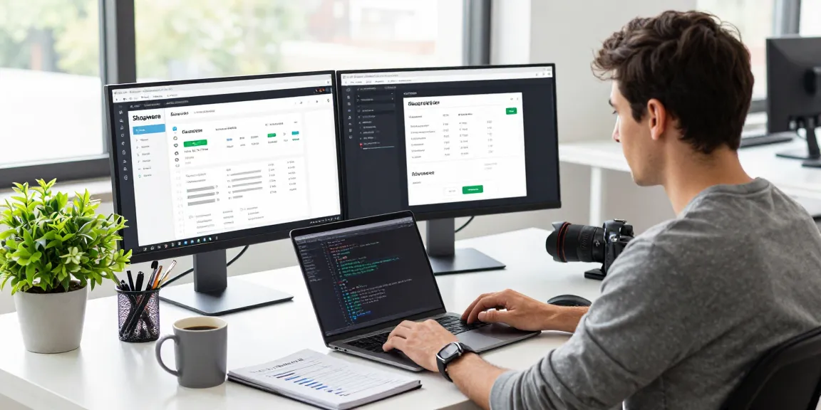 Shopware-Freelancer entwickelt einen Online-Shop in einem modernen Arbeitsumfeld, das mit E-Commerce-Tools und natürlichem Licht gefüllt ist.