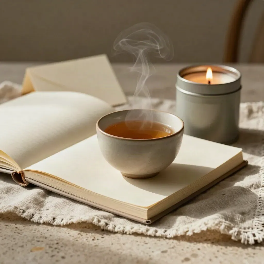 Tee, Tasse, Notizbuch und Kerze auf Leinentuch in ruhiger Lifestyle-Inszenierung.