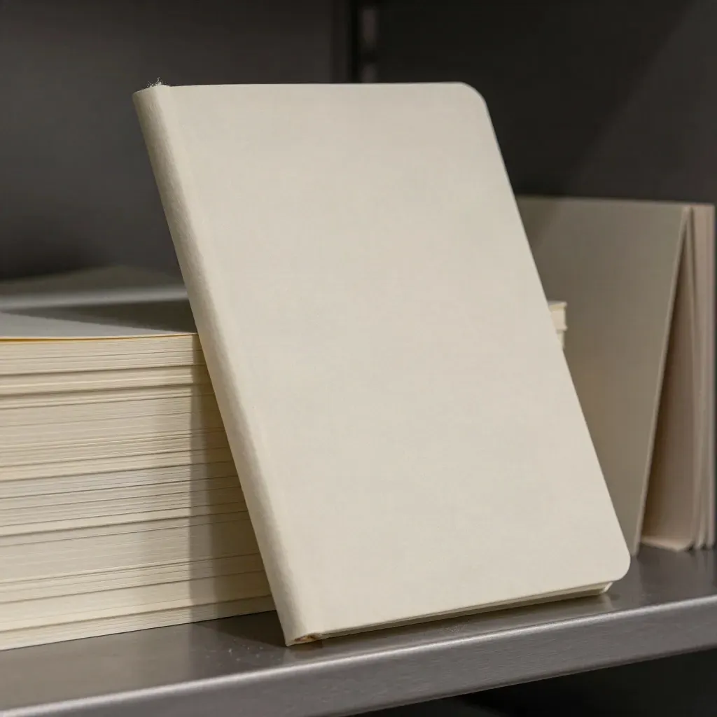 Geschlossenes Notizbuch mit Faseroberfläche lehnt auf Papierstapel im harten Licht.
