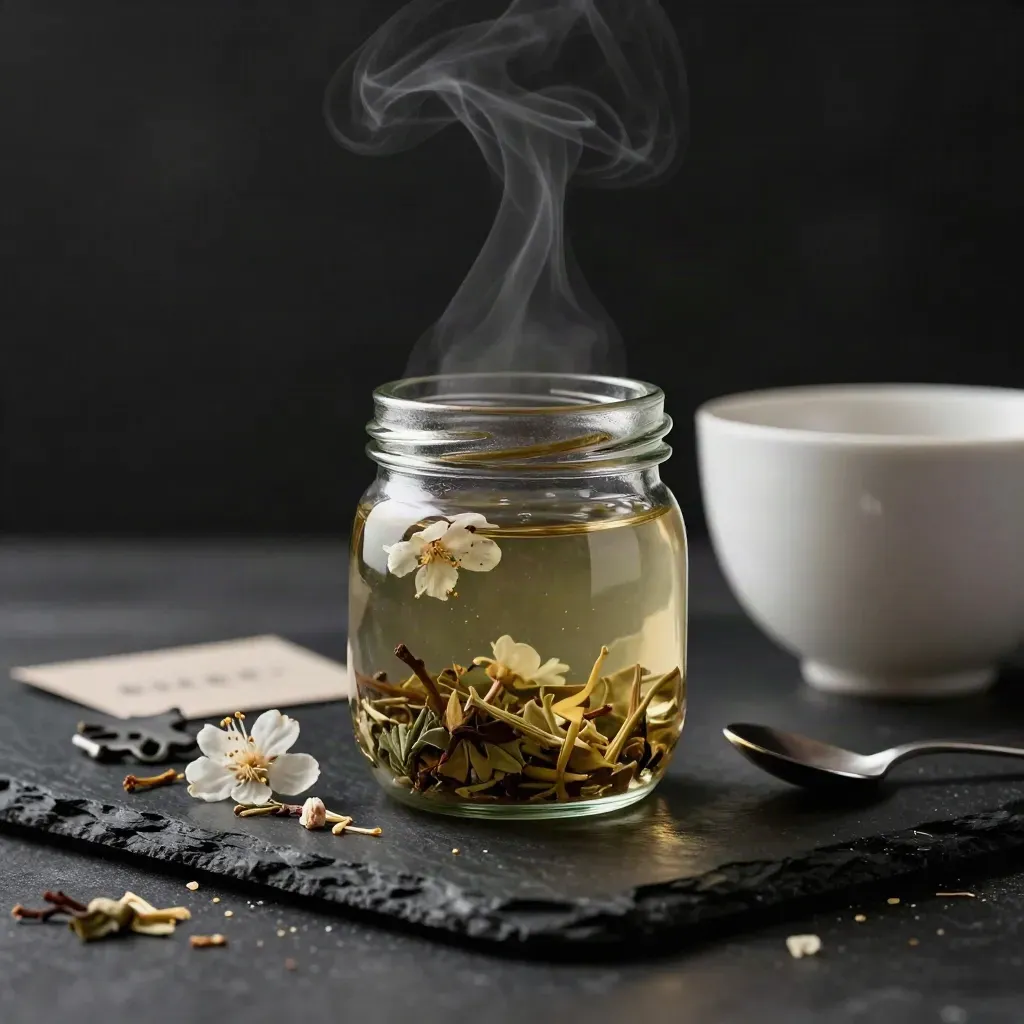 Herbalteedose mit Tasse und Löffel auf schwarzem Schiefer, Blätter wirbeln im warmen Licht.