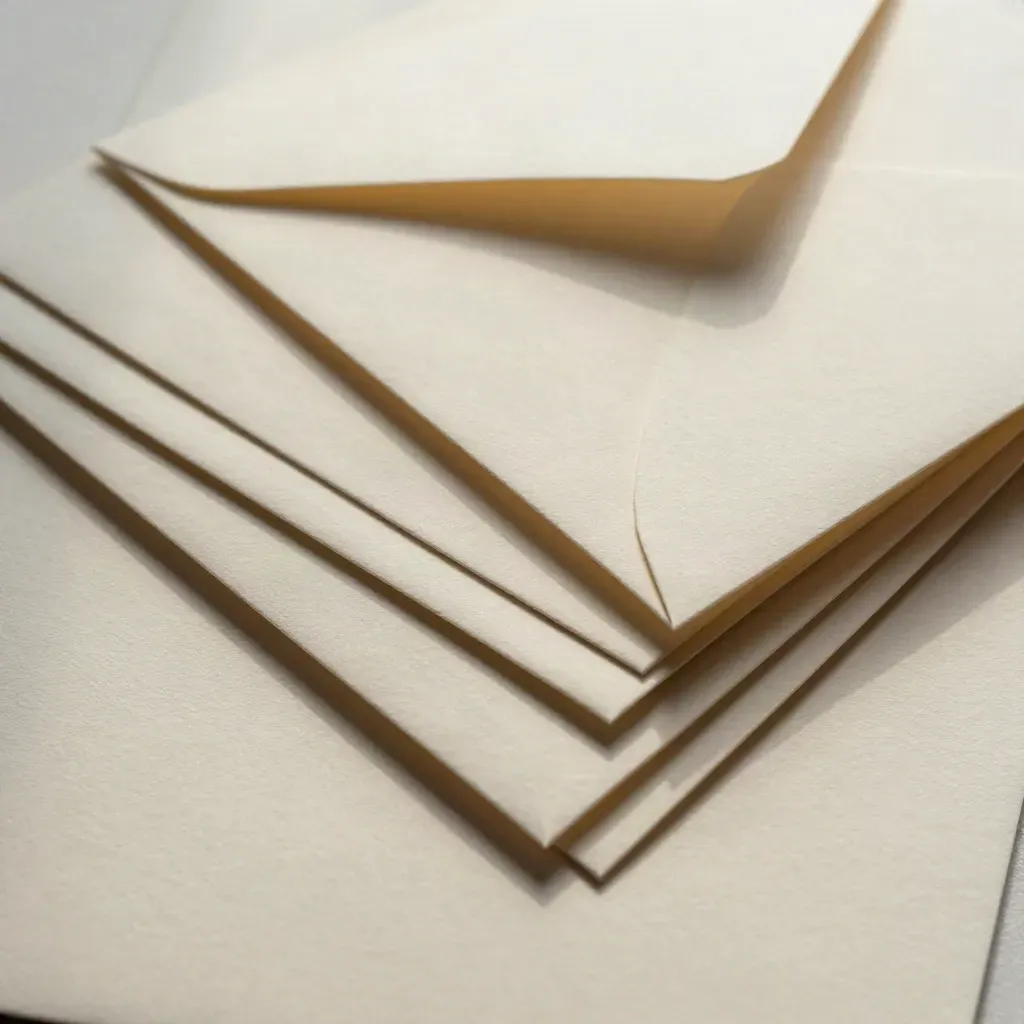 Sechs Grußkarten mit Kuverts fächerförmig auf hellem Papier, mit feiner Papierstruktur.