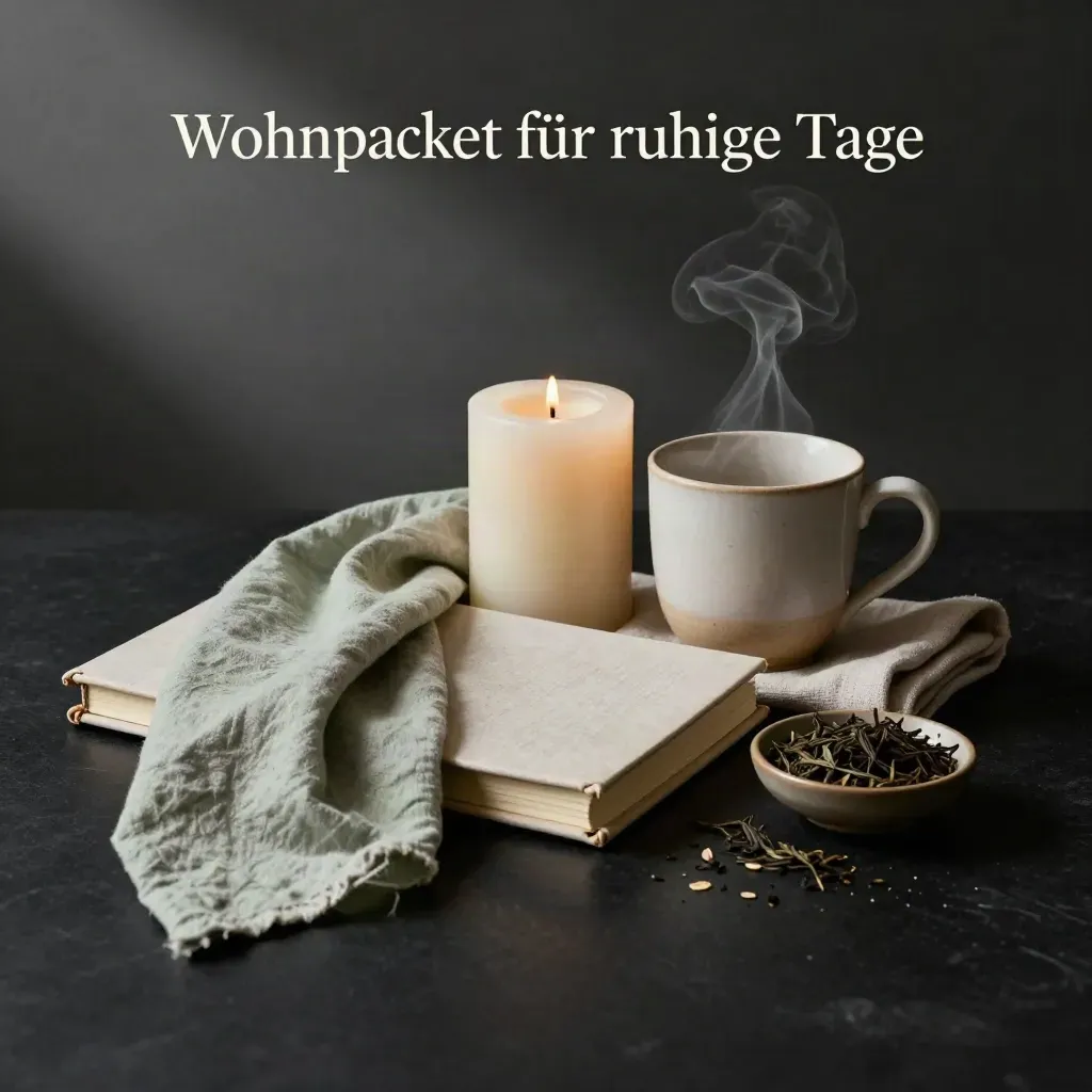 Wohnpaket mit Kerze, Tee, Notizbuch, Leinentuch und Tasse in dramatischem Licht
