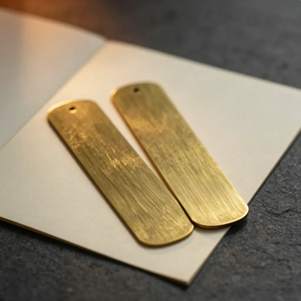 Zwei Messing-Lesezeichen auf gefaltetem Papier, makro, luxuriös und minimalistisch