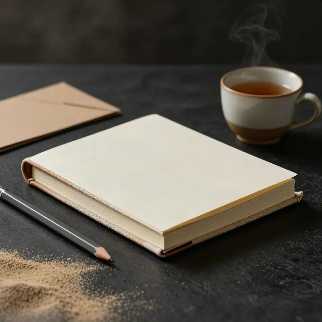 Geschlossener Wochenplaner, Bleistift und kleine Tasse auf dunklem Studiotisch.