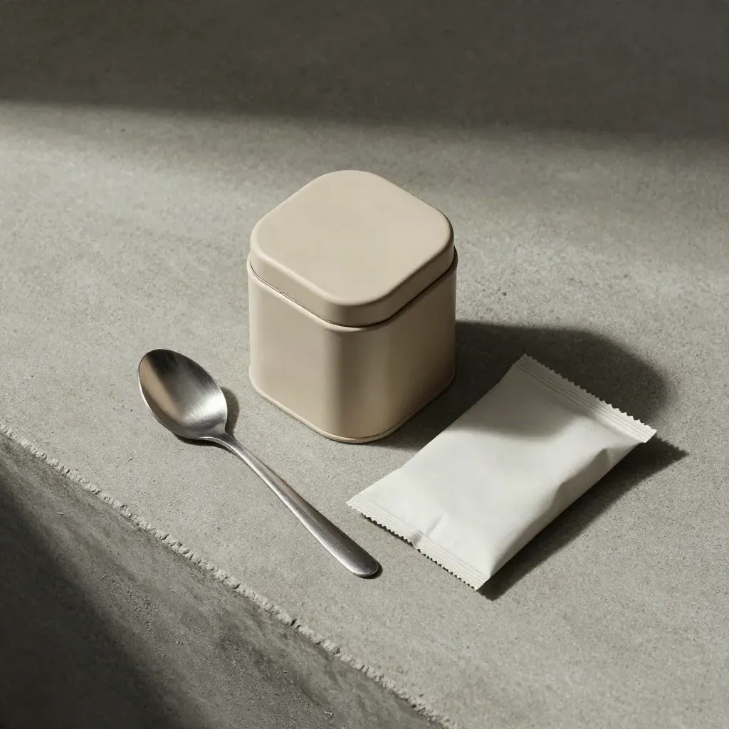 Teedose aus Sandlicht mit leicht verdrehtem Deckel, Löffel und Papierpaket auf hellem Beton.