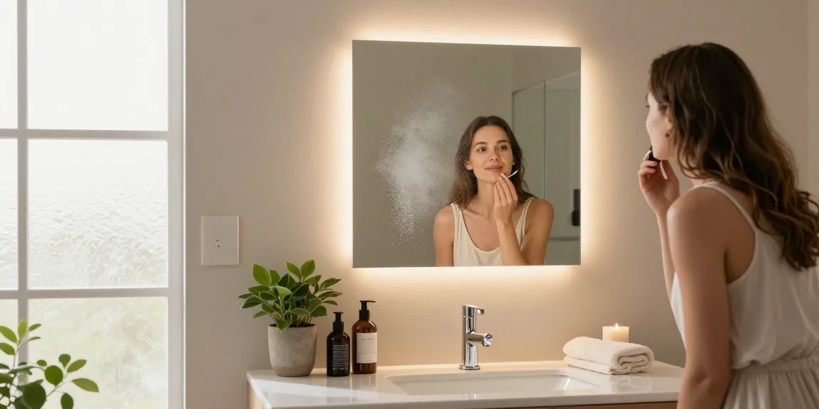 Elegante badkamerspiegel met verlichting en verwarming verbetert de make-upapplicatie in een moderne badkameromgeving.