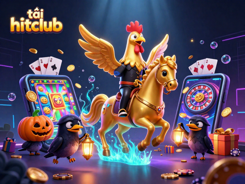 Engage with the thrilling world of tải hitclub, featuring a golden rooster in a vibrant casino scene.