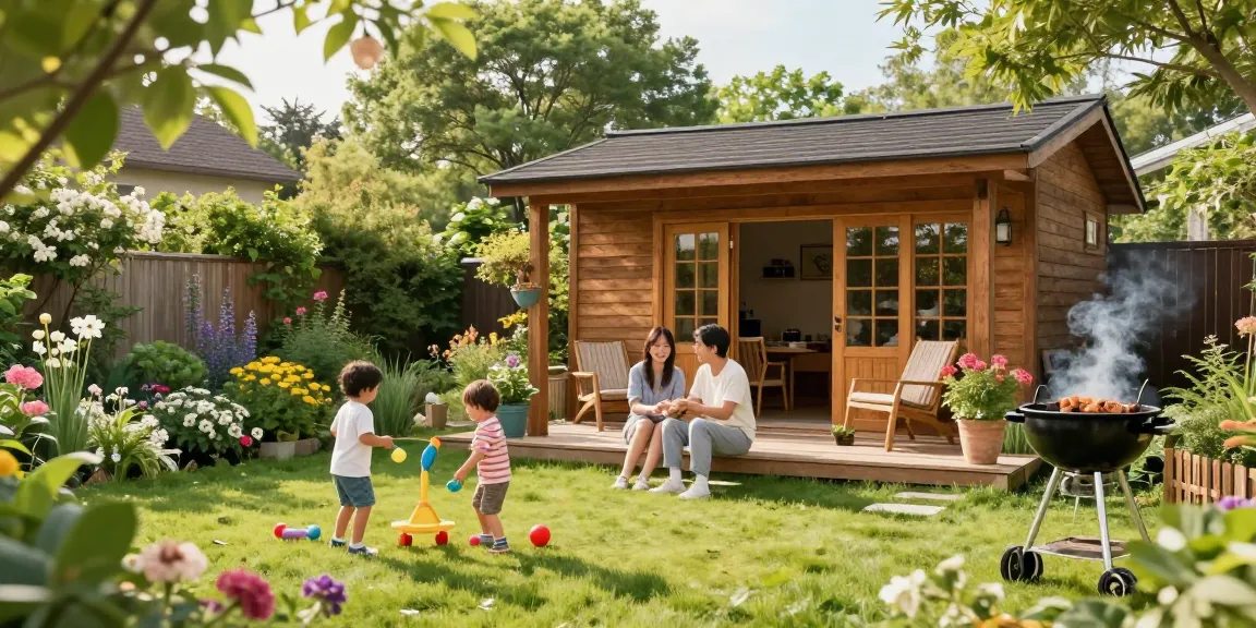 Gartenhäuser aus Holz im sonnigen Garten mit Familie und Spielen.