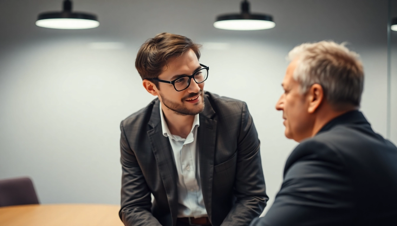 Headhunter interviewt einen Kandidaten in einem modernen Büro, fokussiert auf berufliche Interaktion.