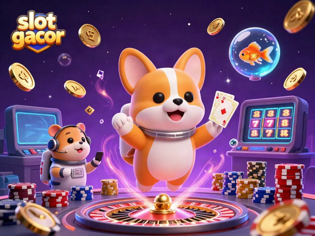 Engage with the thrilling slot gacor experience in a vibrant space casino scene featuring a corgi and hamster.