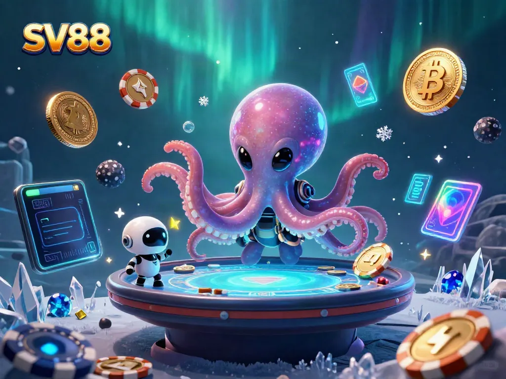 SV88 features a vibrant scene with an alien octopus at a poker table surrounded by crypto elements.