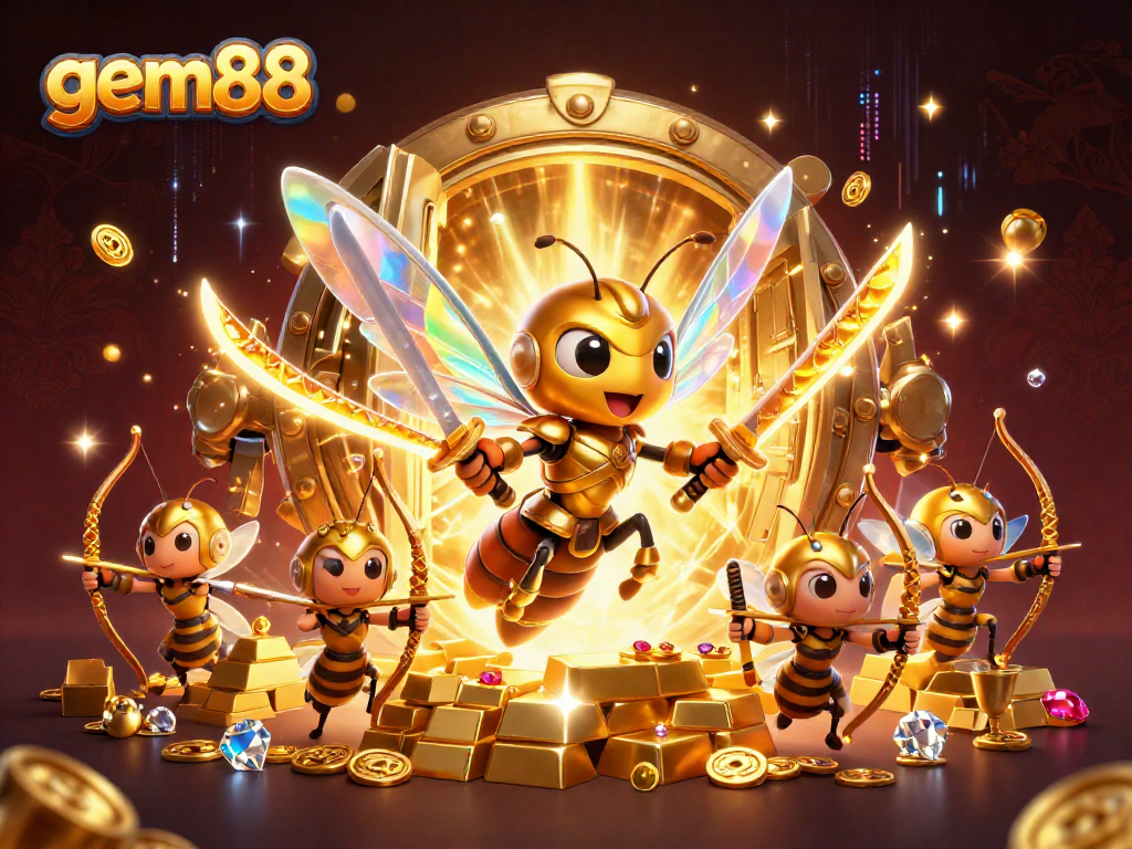 Experience thrilling gambling action at gem88 with golden treasures and dynamic characters in this vibrant illustration.